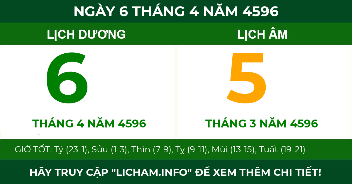 lịch âm ngày 6 tháng 4 năm 4596