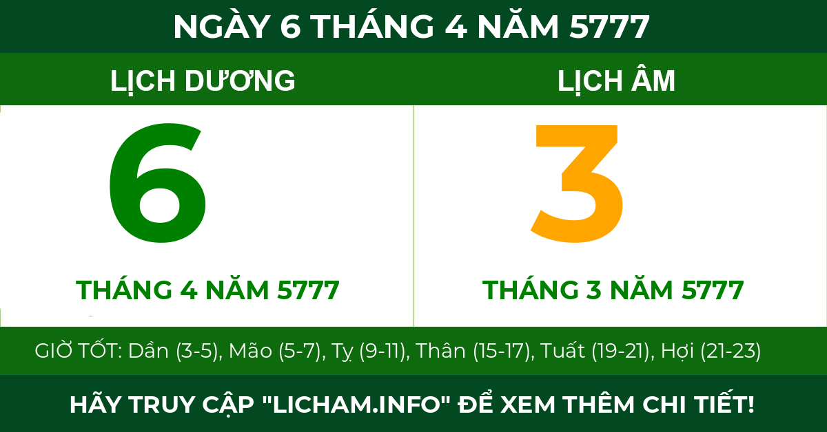 lịch âm ngày 6 tháng 4 năm 5777