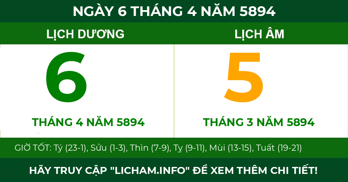lịch âm ngày 6 tháng 4 năm 5894