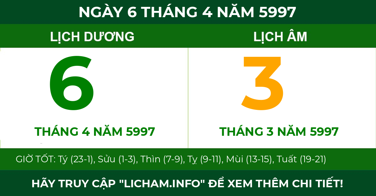lịch âm ngày 6 tháng 4 năm 5997