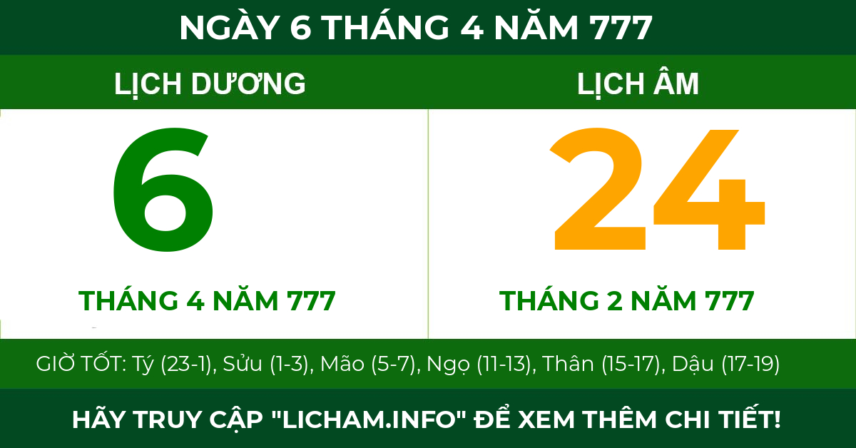 lịch âm ngày 6 tháng 4 năm 777