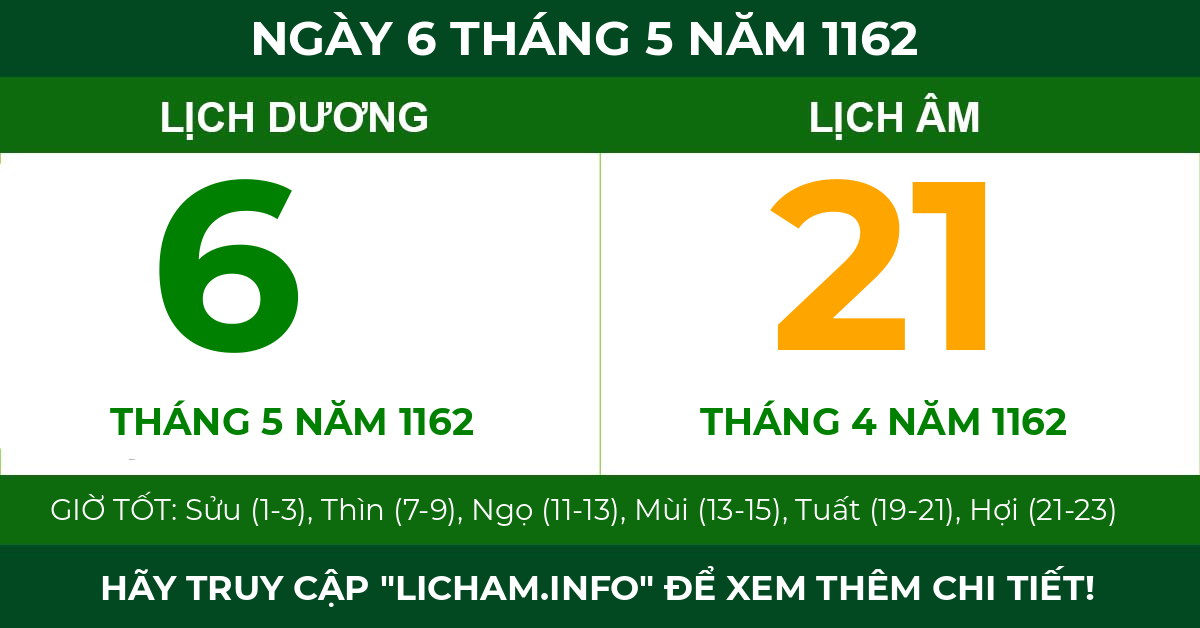 lịch âm ngày 6 tháng 5 năm 1162