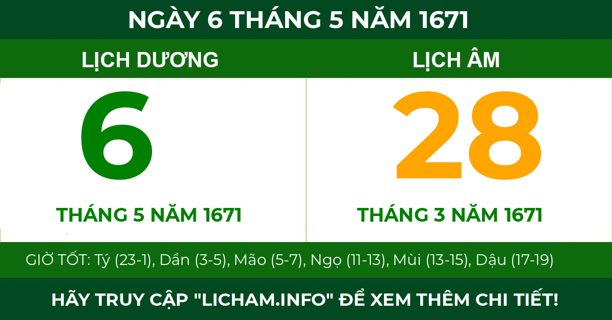 lịch âm ngày 6 tháng 5 năm 1671