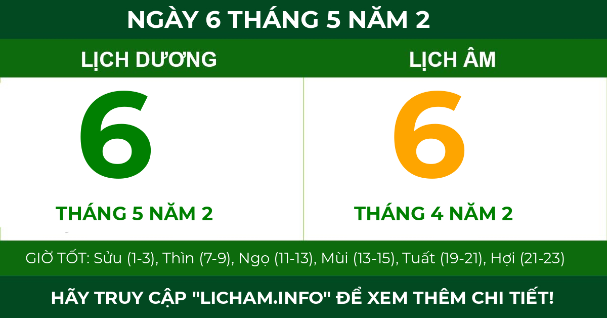lịch âm ngày 6 tháng 5 năm 2