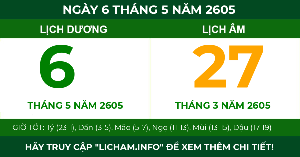 lịch âm ngày 6 tháng 5 năm 2605