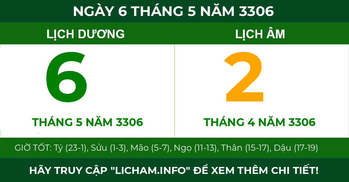 lịch âm ngày 6 tháng 5 năm 3306