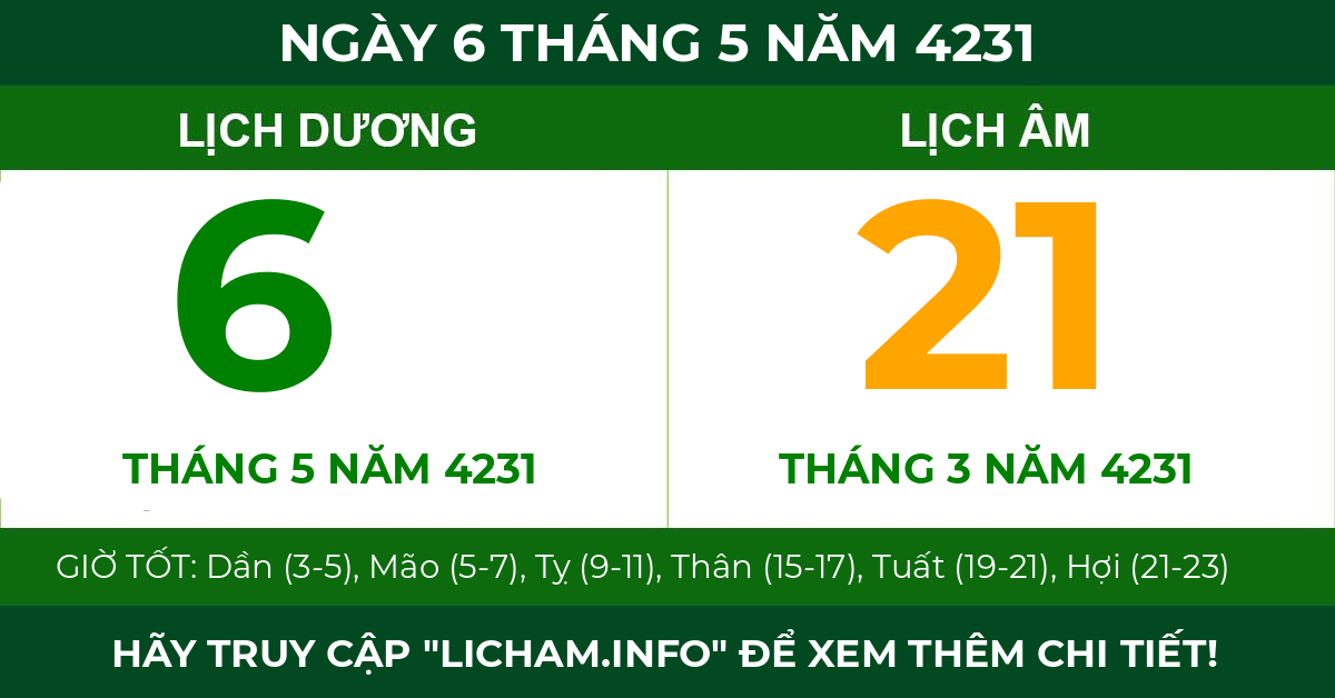 lịch âm ngày 6 tháng 5 năm 4231