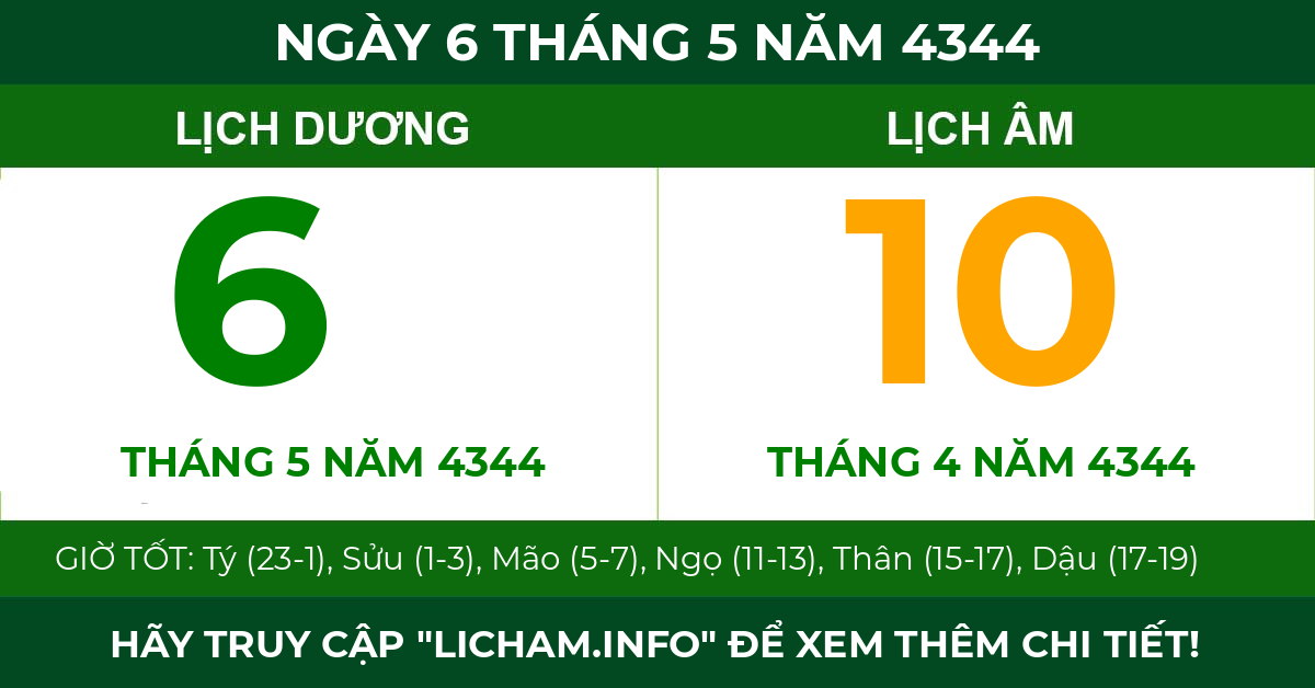 lịch âm ngày 6 tháng 5 năm 4344