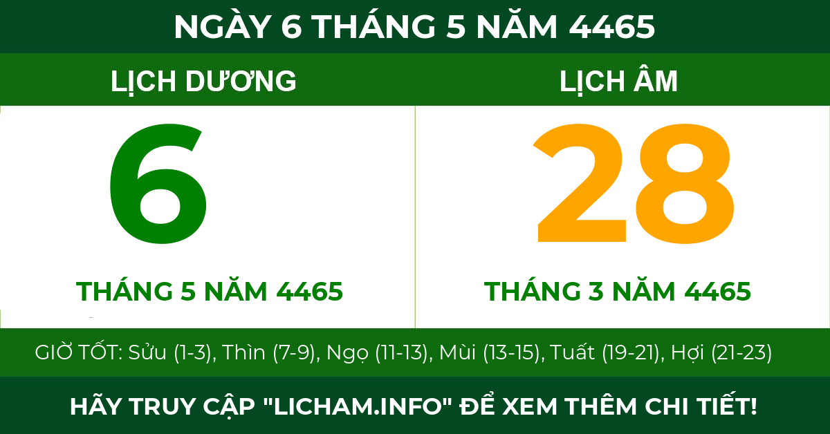 lịch âm ngày 6 tháng 5 năm 4465