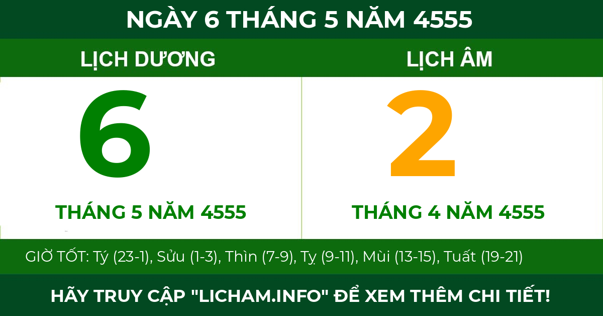 lịch âm ngày 6 tháng 5 năm 4555