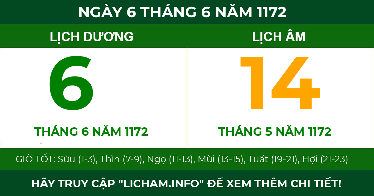 lịch âm ngày 6 tháng 6 năm 1172