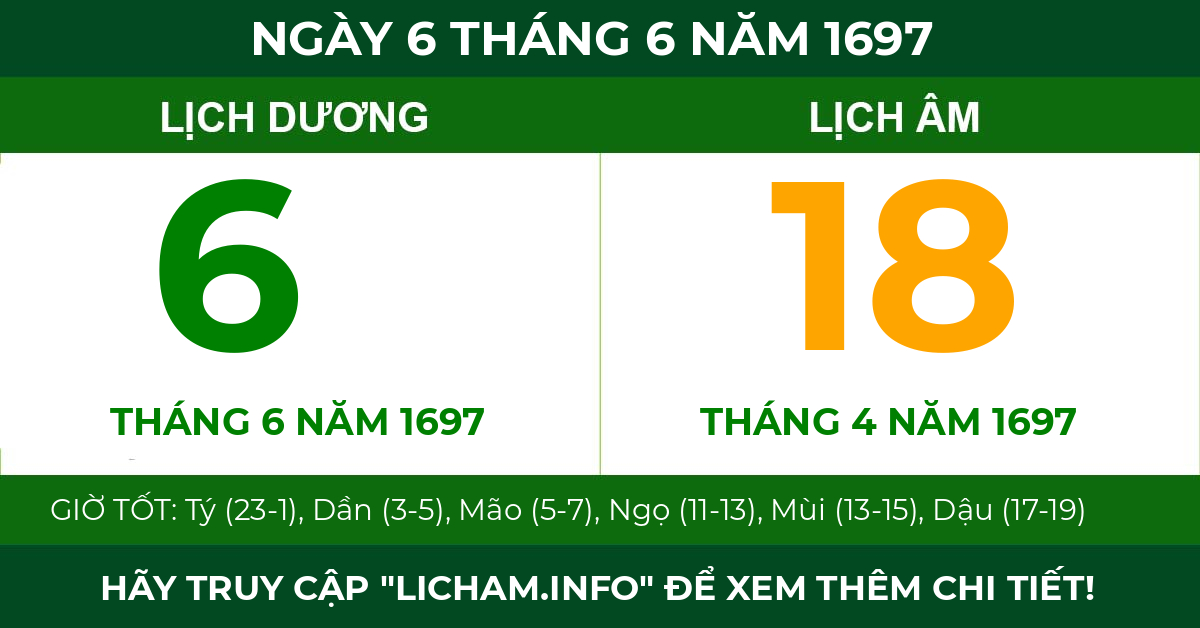 lịch âm ngày 6 tháng 6 năm 1697