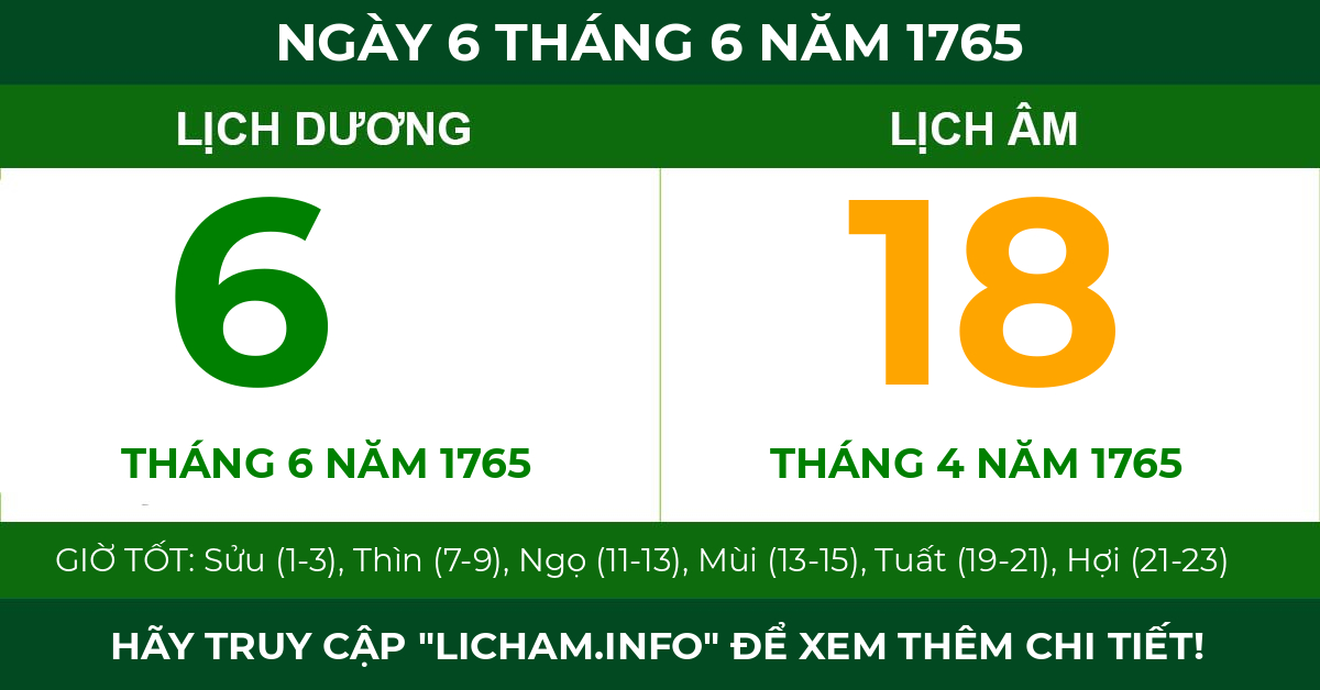 lịch âm ngày 6 tháng 6 năm 1765