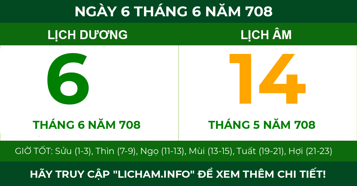 lịch âm ngày 6 tháng 6 năm 708