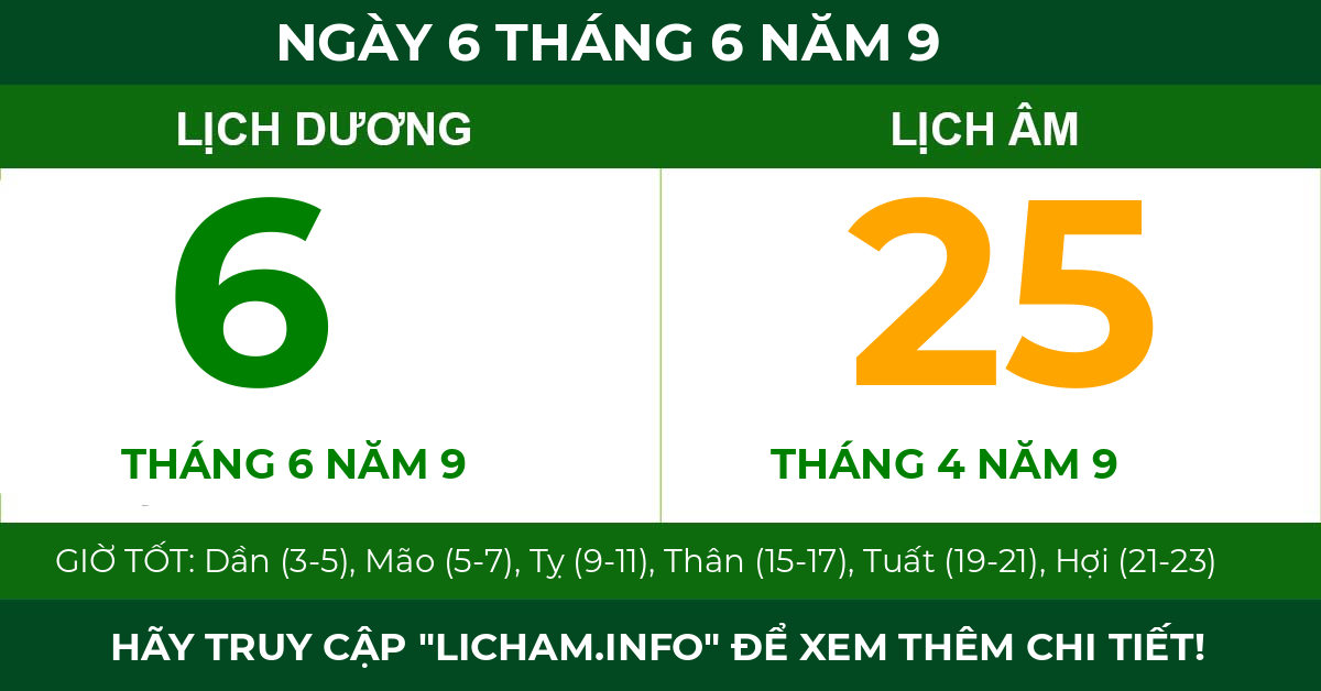 lịch âm ngày 6 tháng 6 năm 9