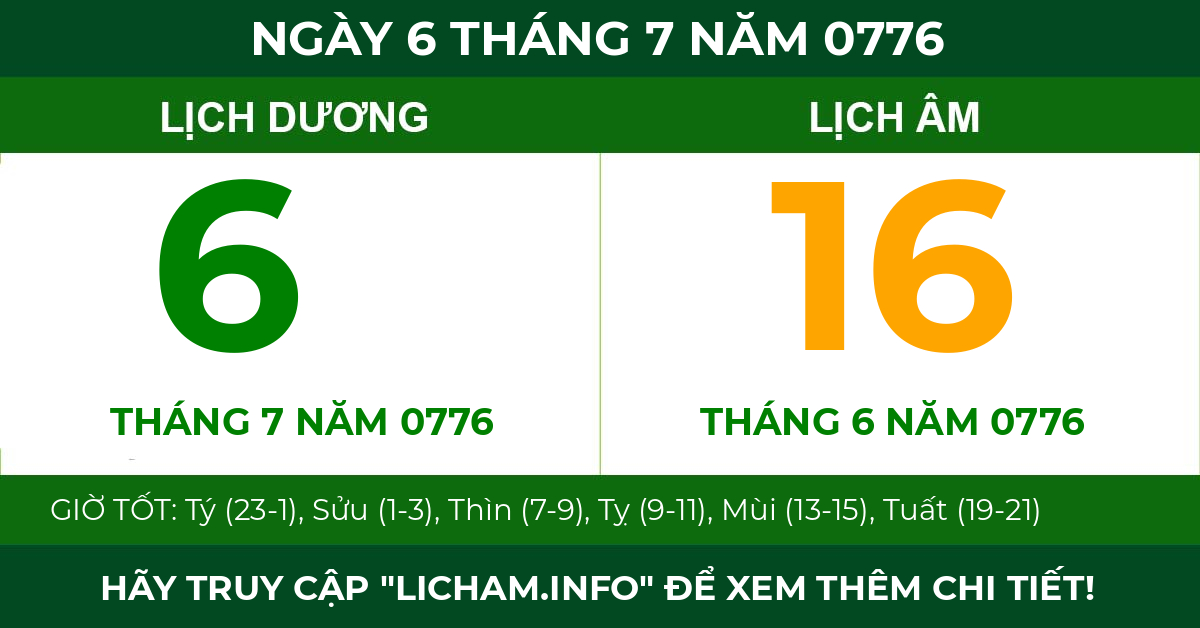 lịch âm ngày 6 tháng 7 năm 0776