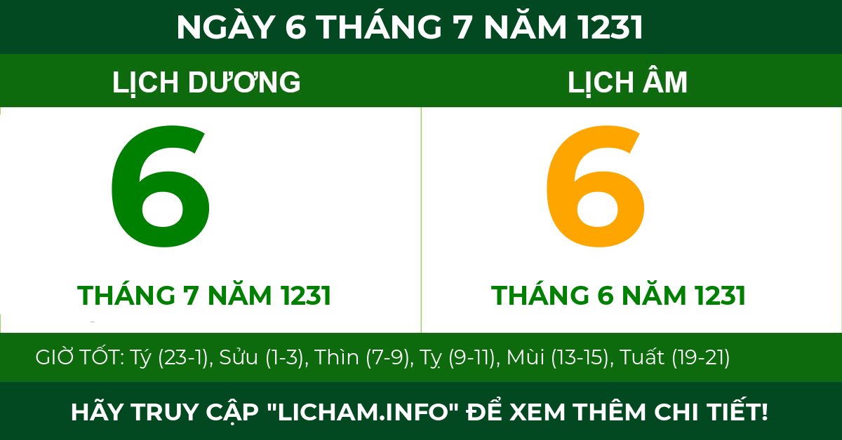 lịch âm ngày 6 tháng 7 năm 1231