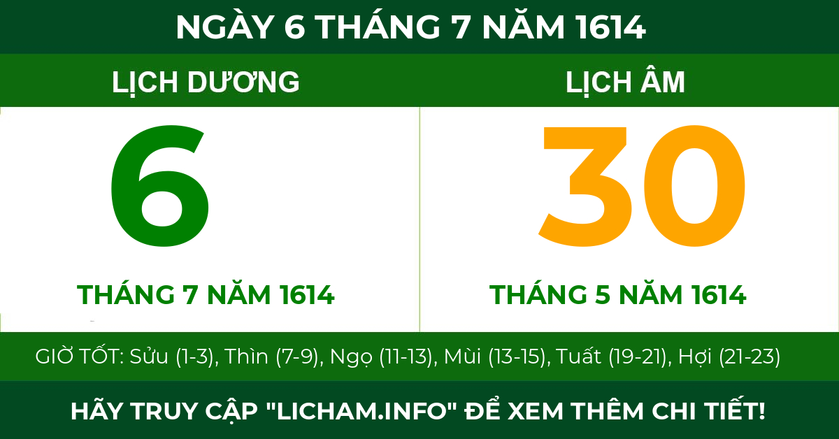 lịch âm ngày 6 tháng 7 năm 1614