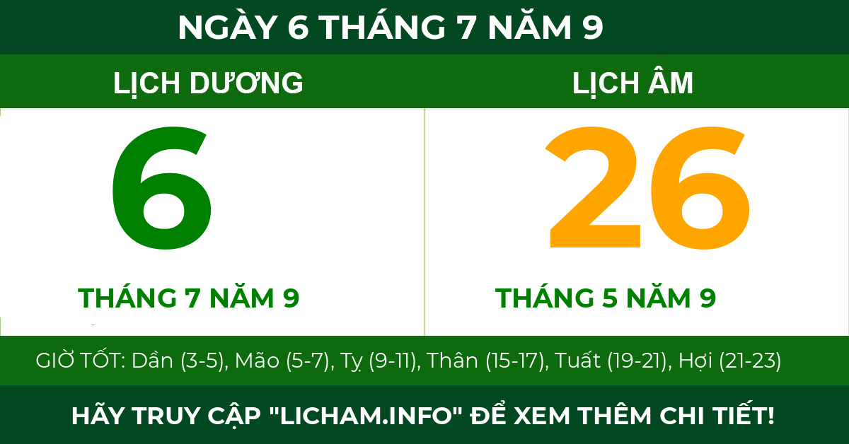 lịch âm ngày 6 tháng 7 năm 9