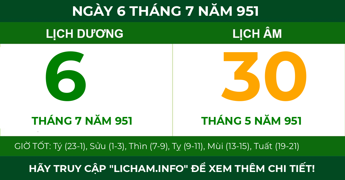 lịch âm ngày 6 tháng 7 năm 951