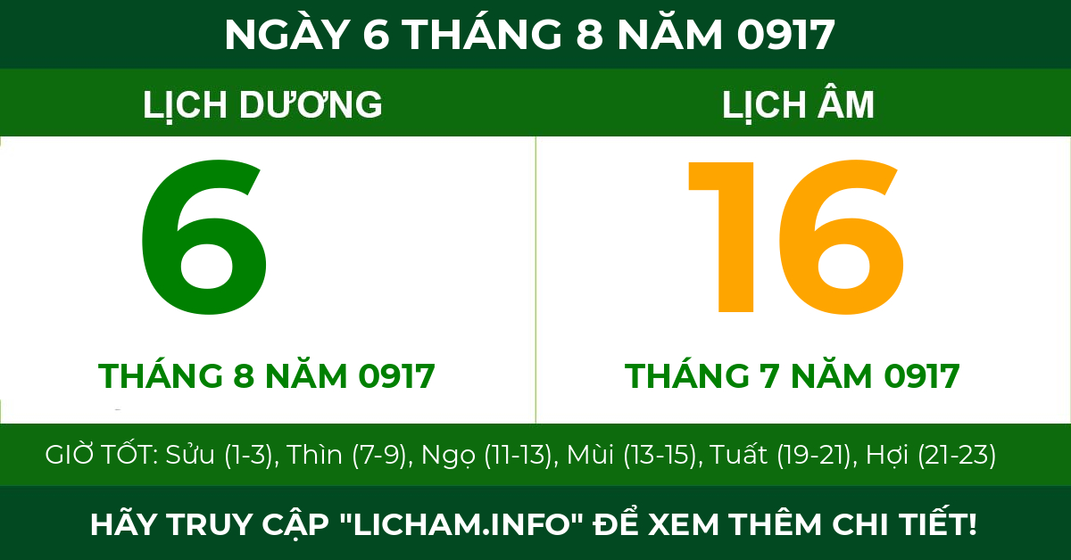 lịch âm ngày 6 tháng 8 năm 0917