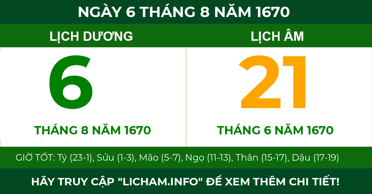 lịch âm ngày 6 tháng 8 năm 1670