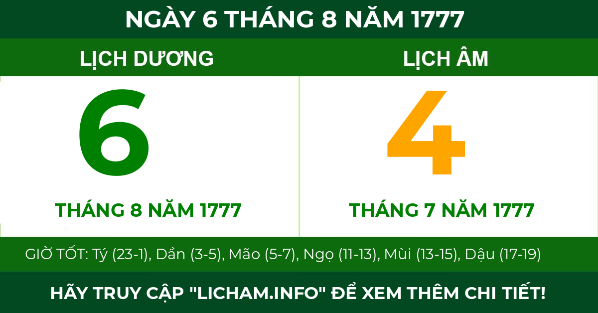 lịch âm ngày 6 tháng 8 năm 1777