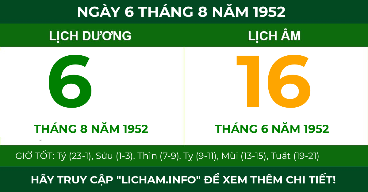 lịch âm ngày 6 tháng 8 năm 1952