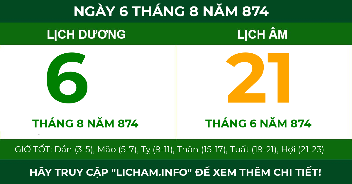 lịch âm ngày 6 tháng 8 năm 874
