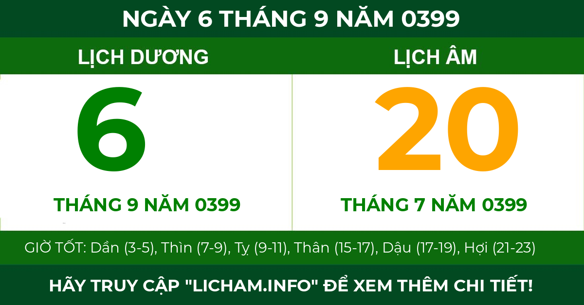 lịch âm ngày 6 tháng 9 năm 0399