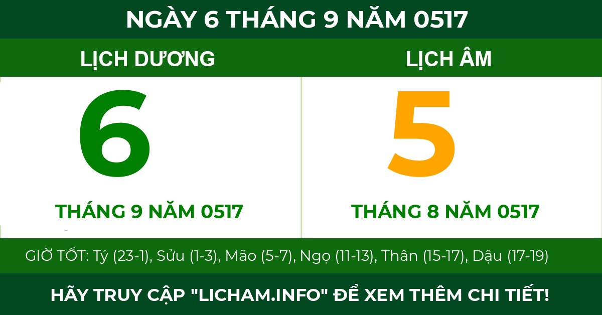 lịch âm ngày 6 tháng 9 năm 0517