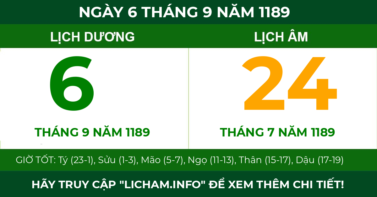 lịch âm ngày 6 tháng 9 năm 1189