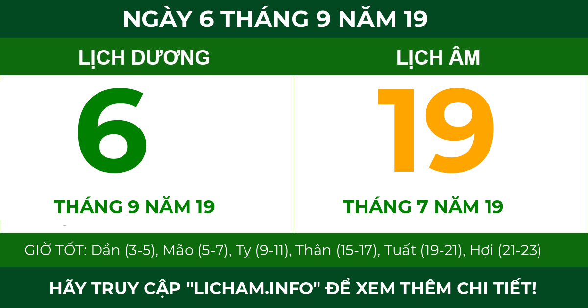 lịch âm ngày 6 tháng 9 năm 19