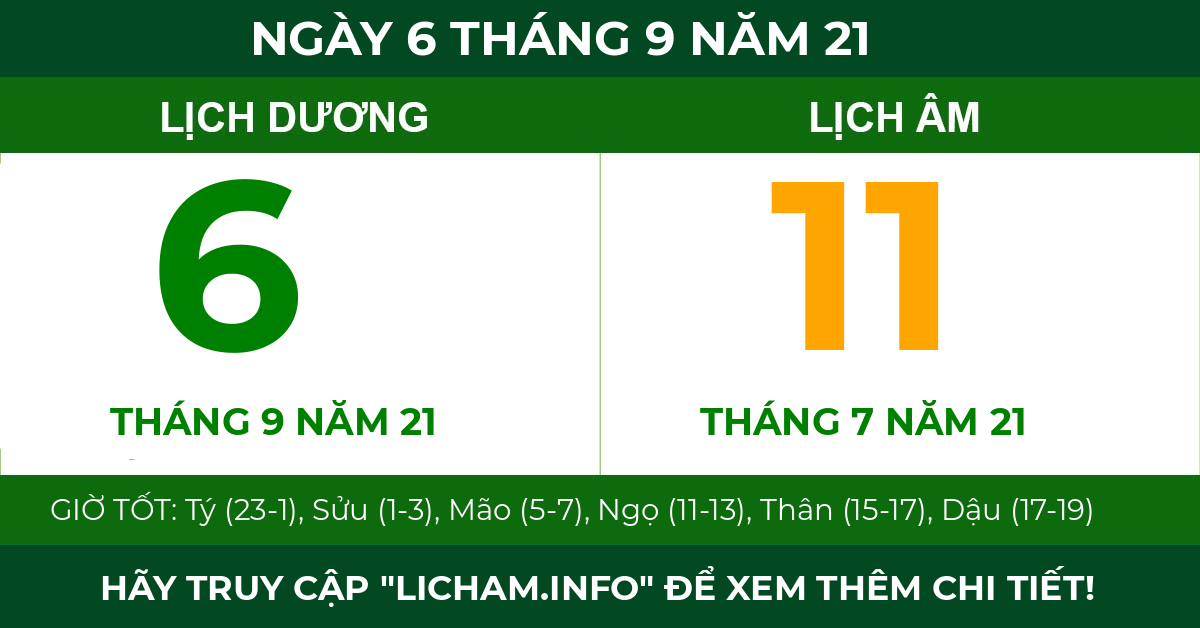 lịch âm ngày 6 tháng 9 năm 21