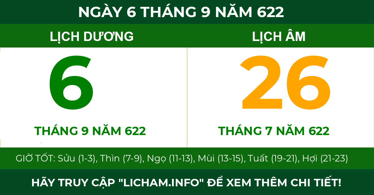 lịch âm ngày 6 tháng 9 năm 622