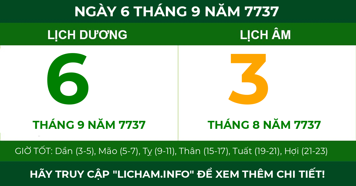 lịch âm ngày 6 tháng 9 năm 7737