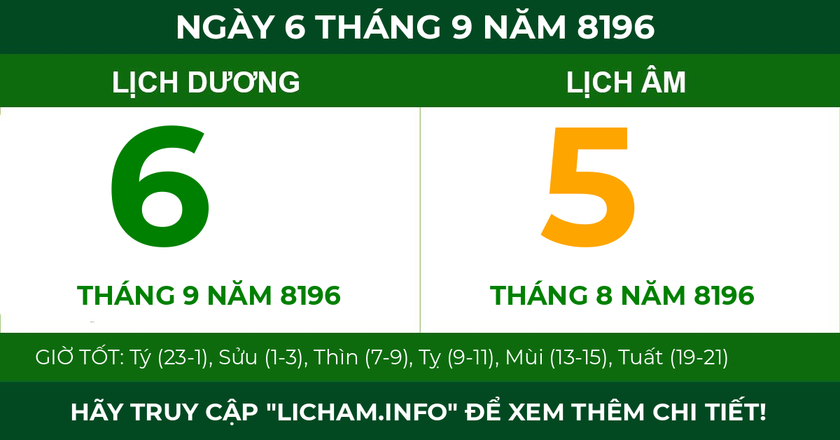 lịch âm ngày 6 tháng 9 năm 8196