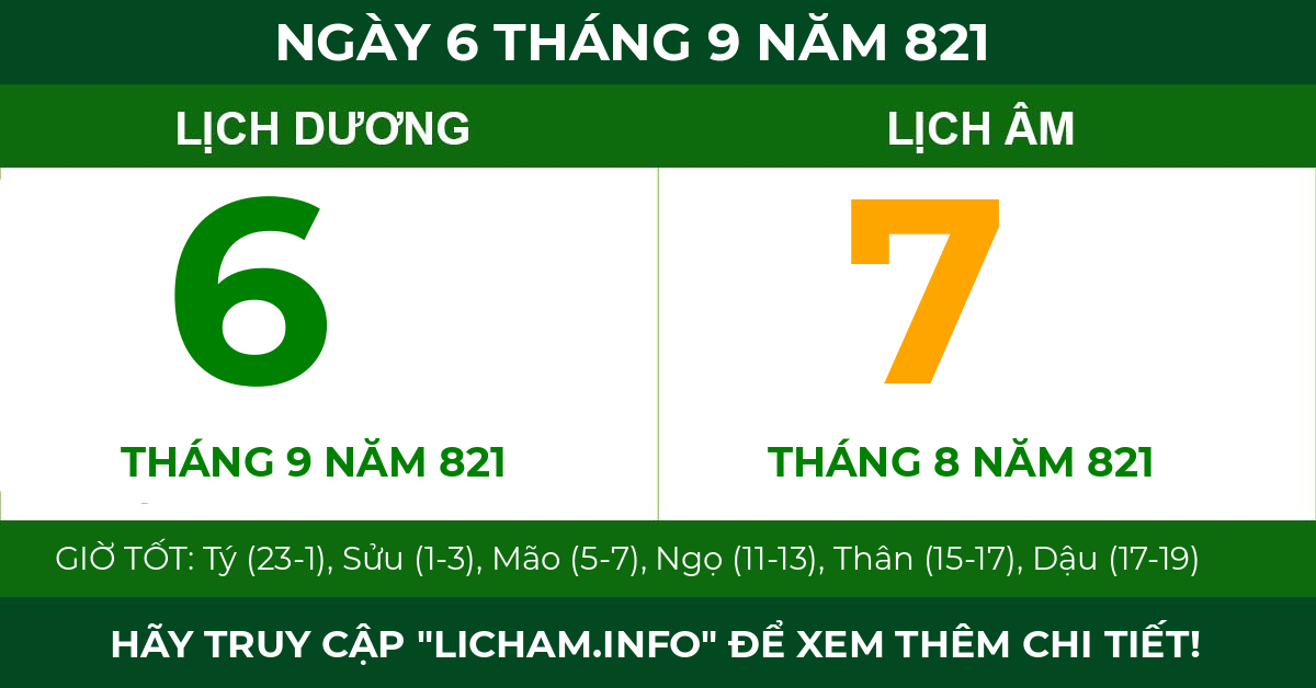 lịch âm ngày 6 tháng 9 năm 821