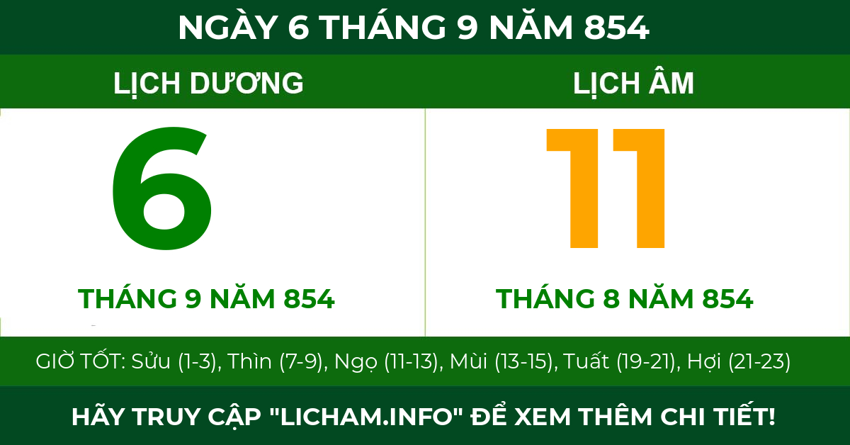 lịch âm ngày 6 tháng 9 năm 854