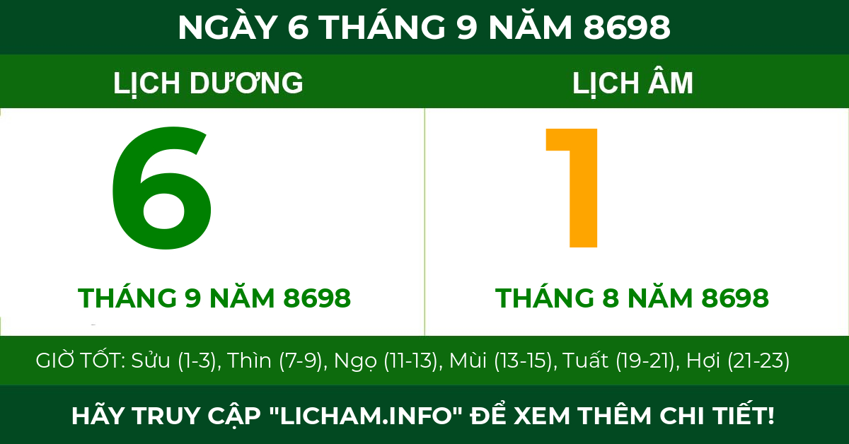 lịch âm ngày 6 tháng 9 năm 8698