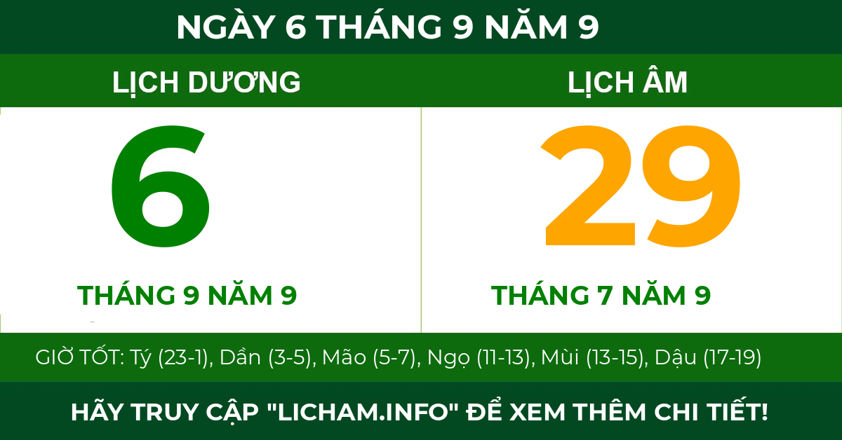 lịch âm ngày 6 tháng 9 năm 9