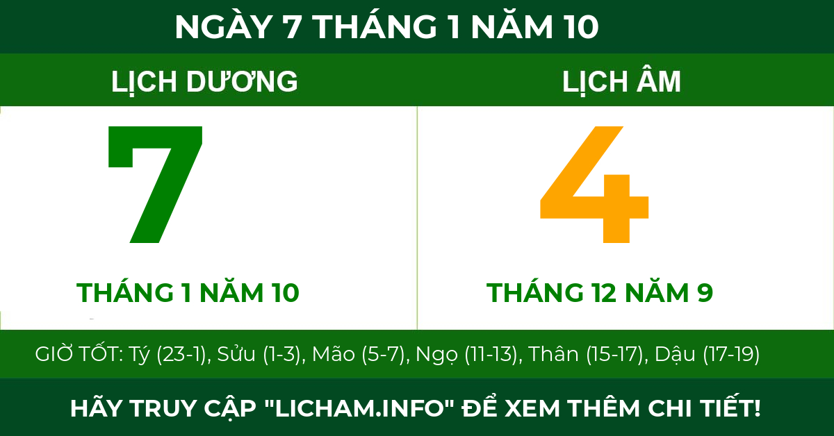 lịch âm ngày 7 tháng 1 năm 10