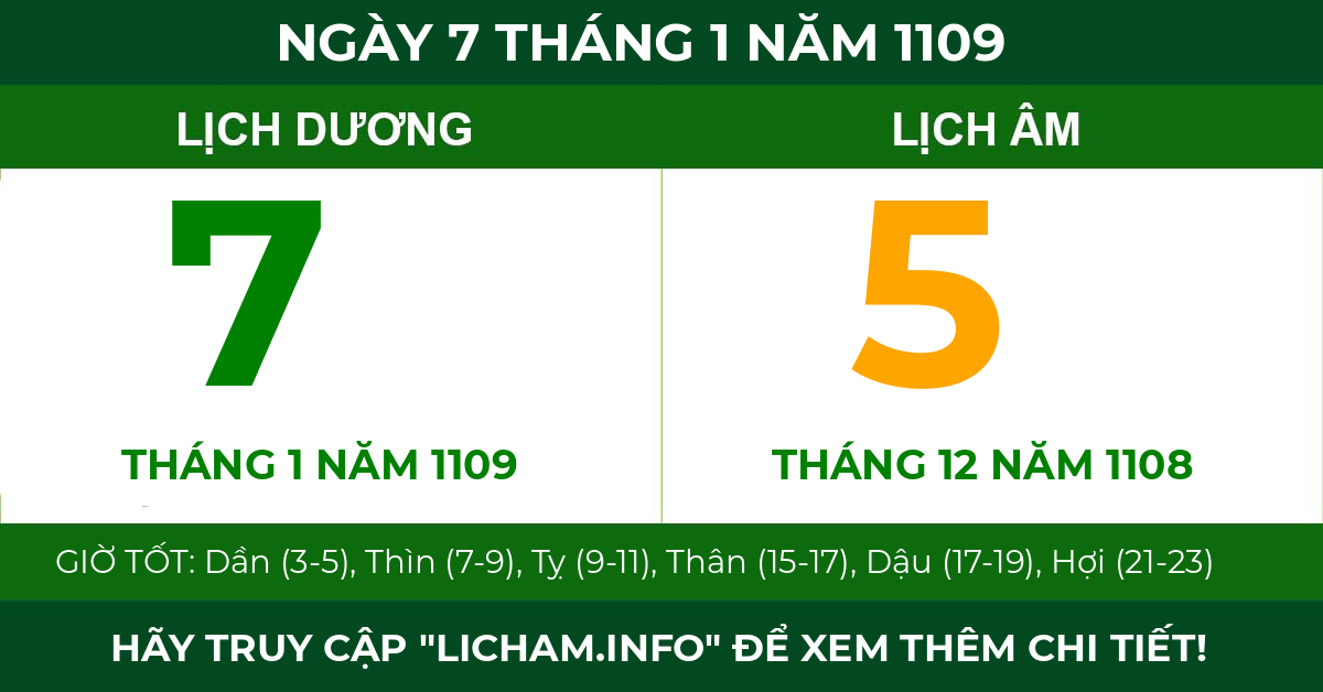 lịch âm ngày 7 tháng 1 năm 1109