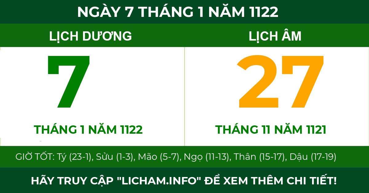 lịch âm ngày 7 tháng 1 năm 1122
