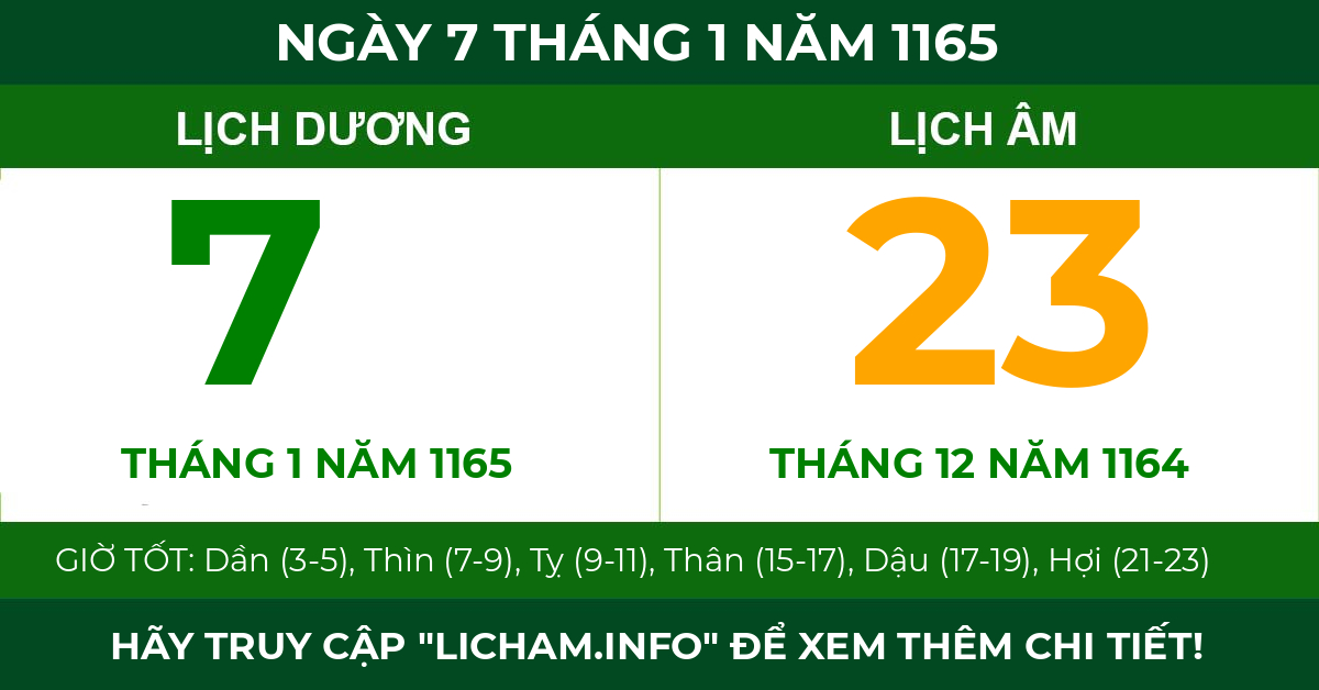 lịch âm ngày 7 tháng 1 năm 1165