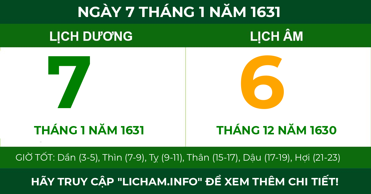 lịch âm ngày 7 tháng 1 năm 1631