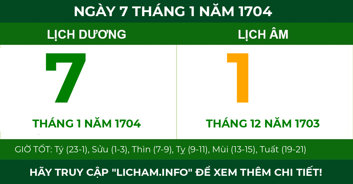 lịch âm ngày 7 tháng 1 năm 1704