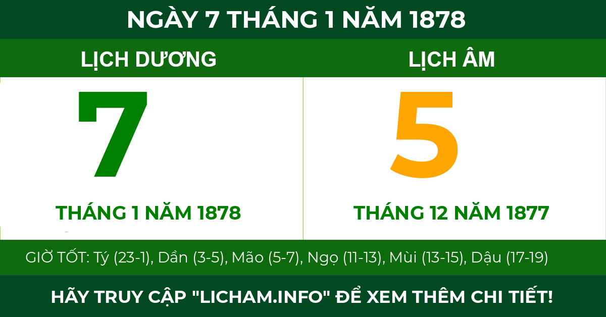 lịch âm ngày 7 tháng 1 năm 1878