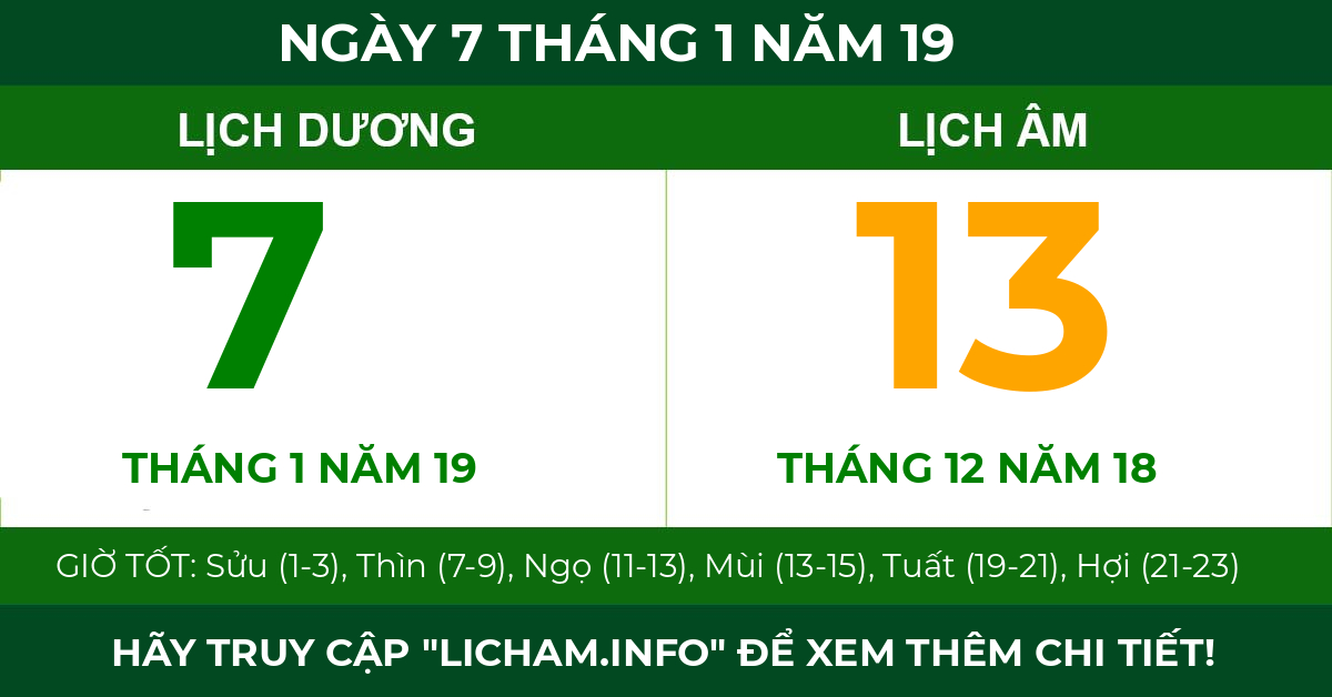 lịch âm ngày 7 tháng 1 năm 19