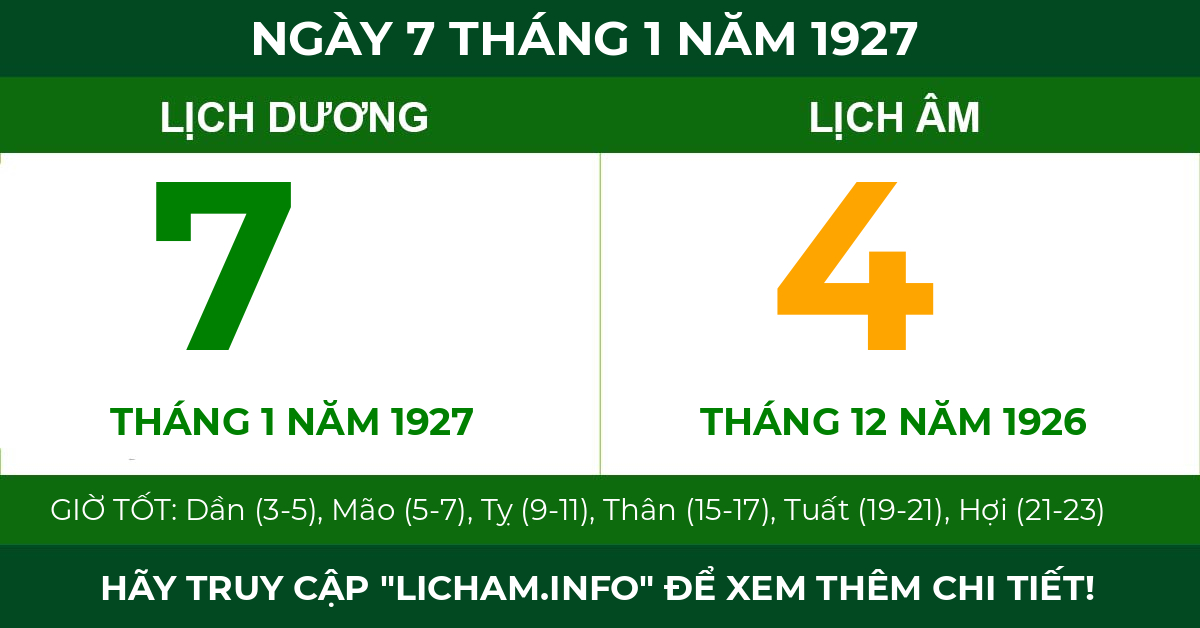 lịch âm ngày 7 tháng 1 năm 1927